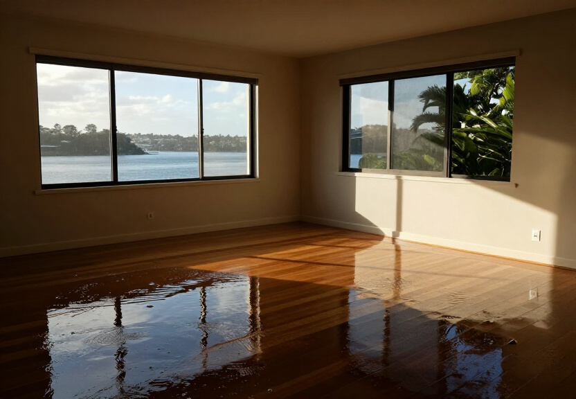 Flooded living room in East Killara with water damage to carpets and walls