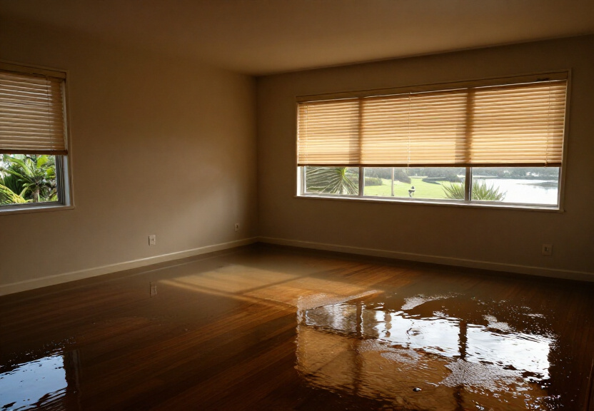 Water-damaged office space in East Killara with soaked carpets and furniture